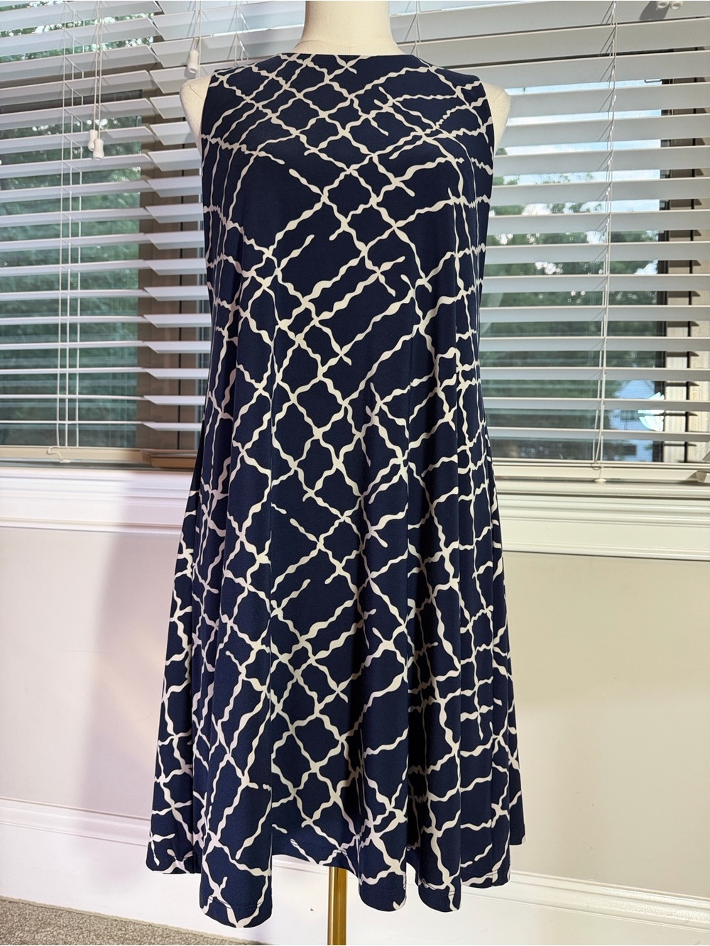 Anne Klein Navy and White Geometric A-Line Skirt